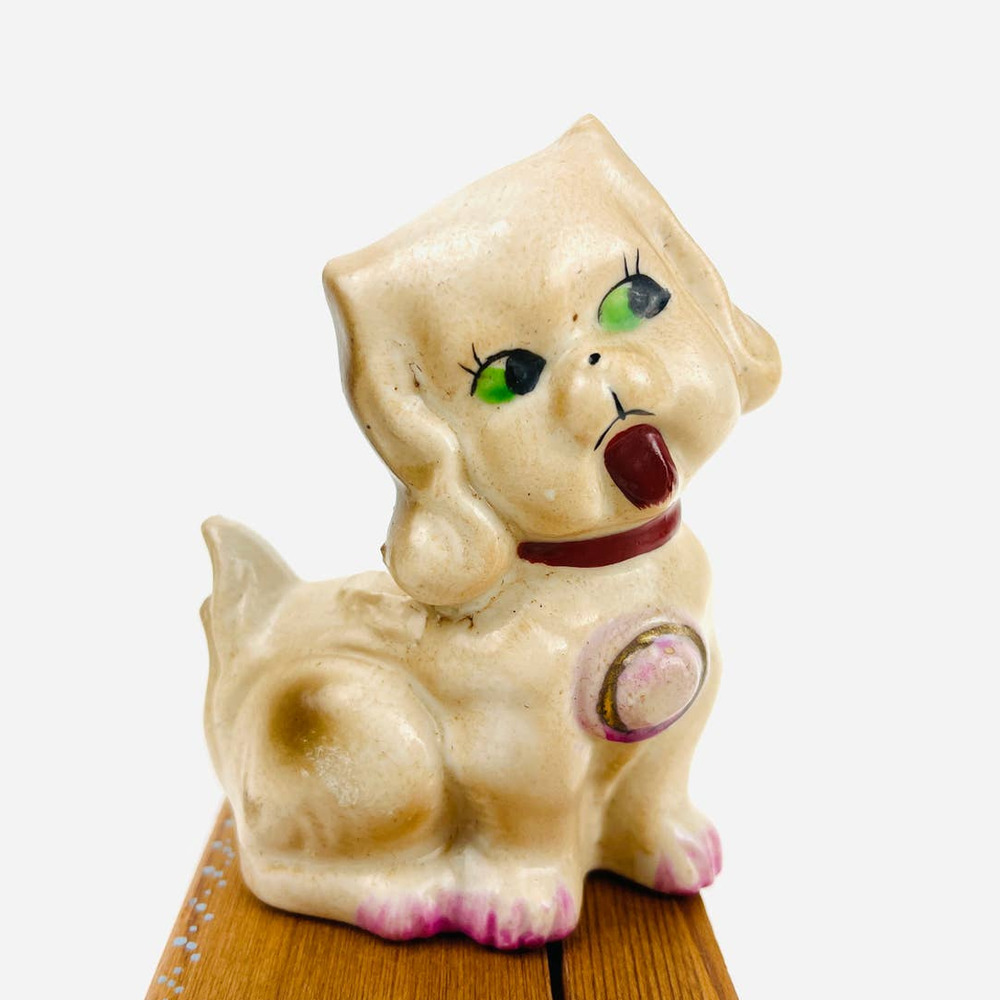 Vintage Ceramic Brown Puppy Dog with Green Eyes Kitschy Collectable Wales Japan